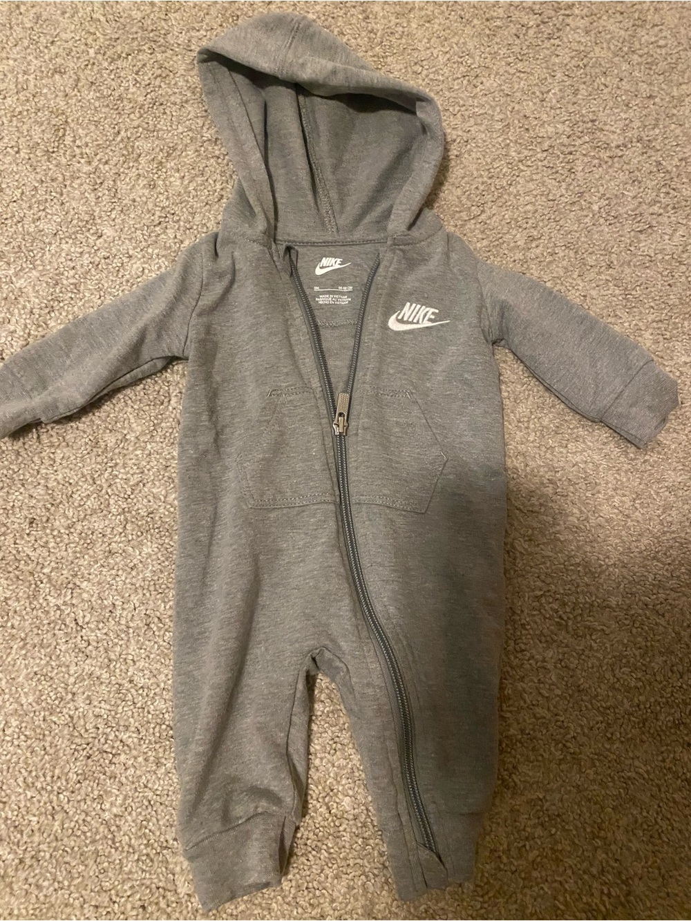 Nike Gray Hooded Baby One-Piece Zipper Romper